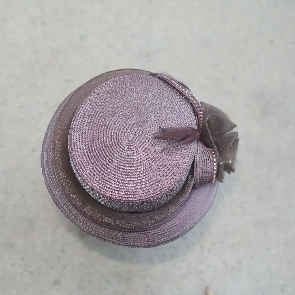 Mauve Brown Ribbon Straw Church Hat Rhinestone Rose Fascinator Vintage Style 12”